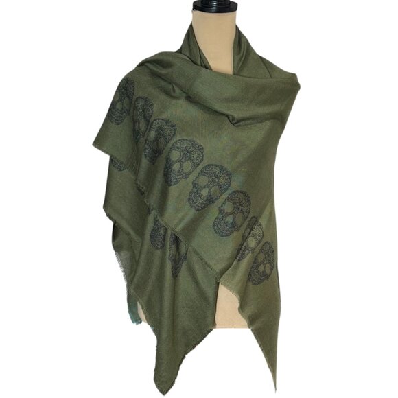Blue Pacific Cashmere Blend Scarf Skull Print Green Large Square Grunge Goth - Picture 5 of 10